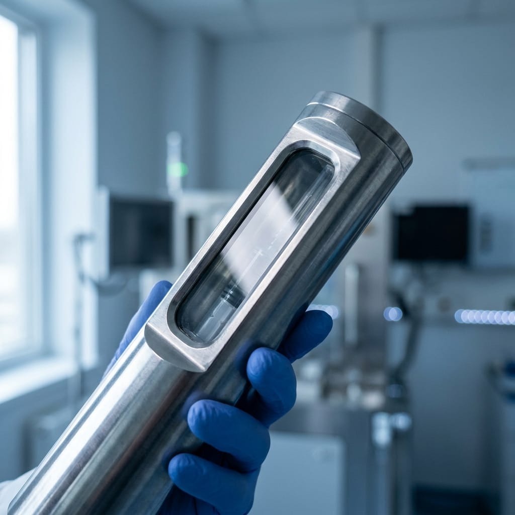 Gloved hand holding stainless steel medical cylinder in laboratory