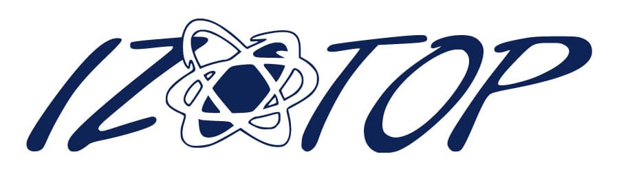 Izotop logo with atomic symbol in navy blue